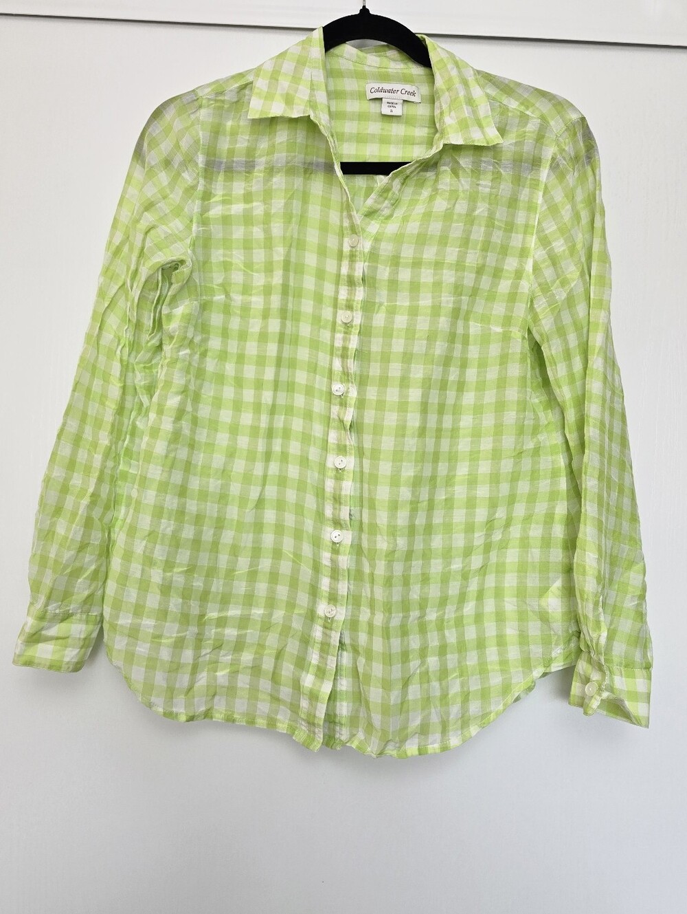 Coldwater Creek - Green & White Checkered Gingham Lightweight Long-Sleeve Top
